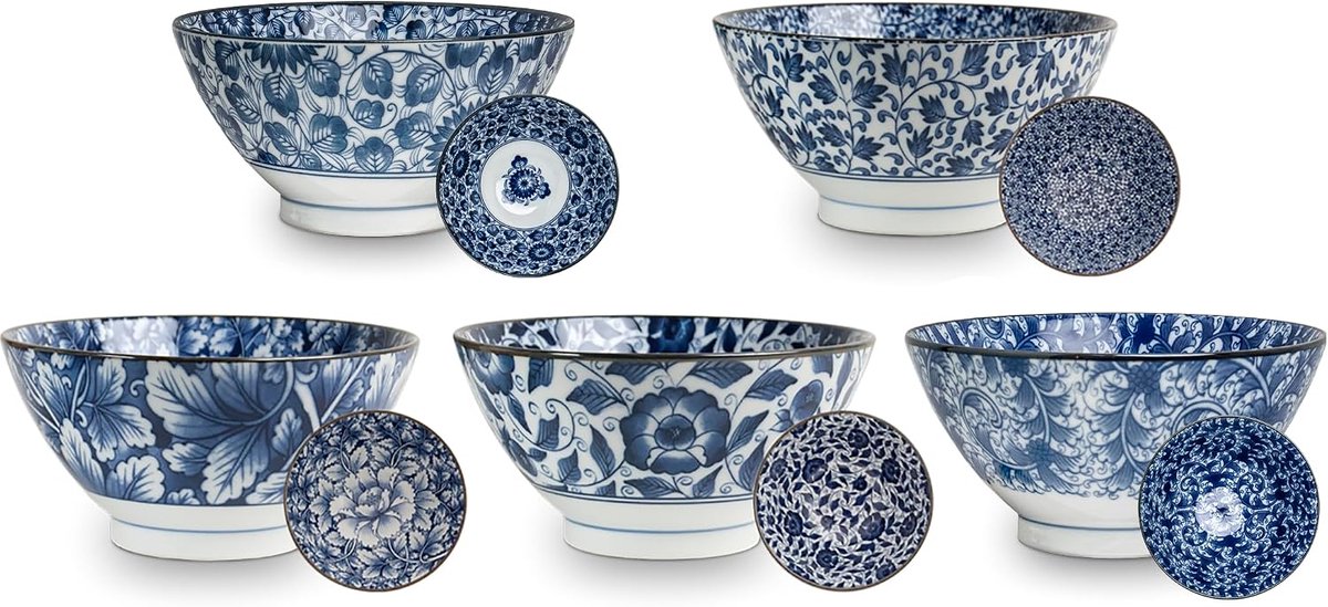 Kommen set 5 - Bloemen - Serviesset - Ramen - Udon bowl - Serveerschalen - Soepkommen - Saladeschaal - Slakom - Mengkom - Poke bowl - Noedels - Muesli - Dessert - Rijstkommen - Ontbijtkommen