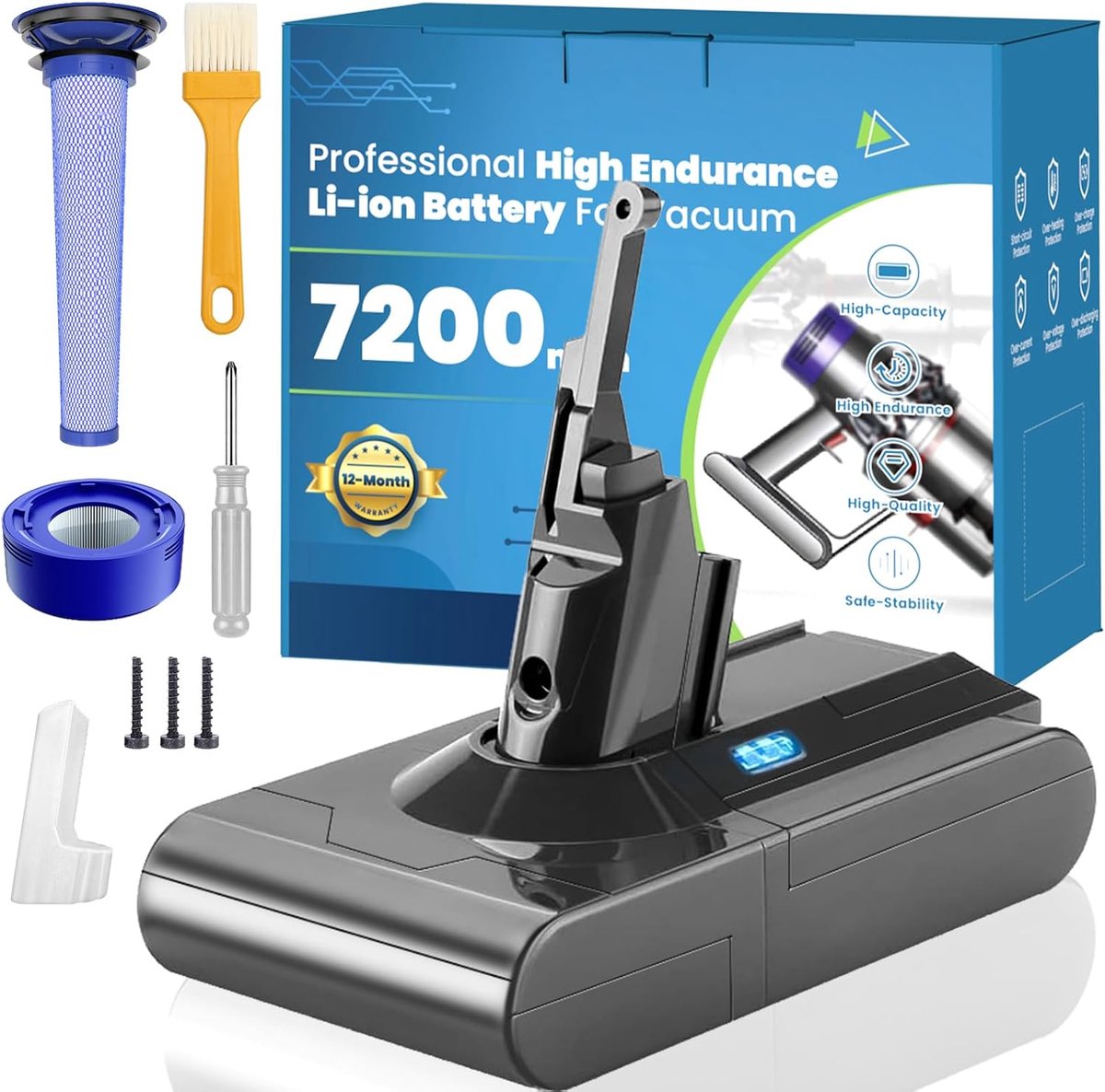 V8 accu voor Dyson V8 Absolute/Animal/Motorhead/Fluffy SV10 Carbon stofzuiger, draadloze oplader, handstofzuiger, reserveaccu (2 postfilters)