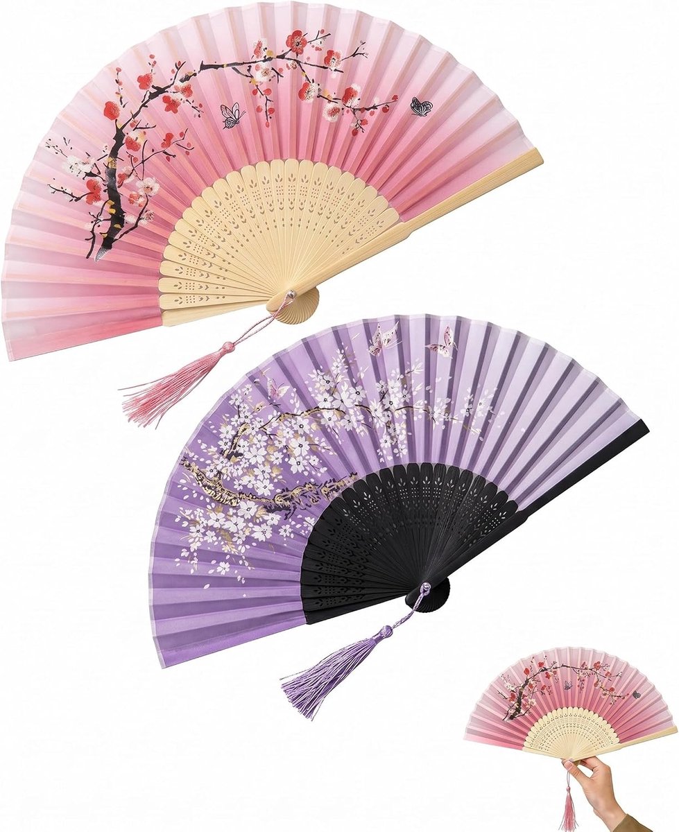 2 stuks bamboe waaiers, Chinese handwaaiers set met 2 verschillende motieven, traditionele vouwwaaiers voor dames, bruiloft, theeparty en wanddecoratie, natuurlijk en compact