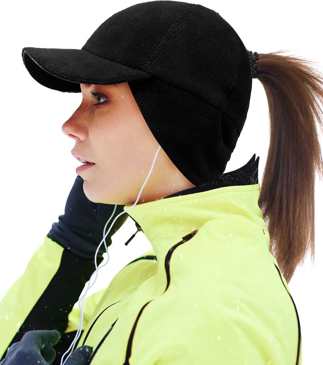 Paardenstaart voor dames, elastisch, fleece, met oorklep, verticale paardenstaart, gat, wintermuts voor elk haar