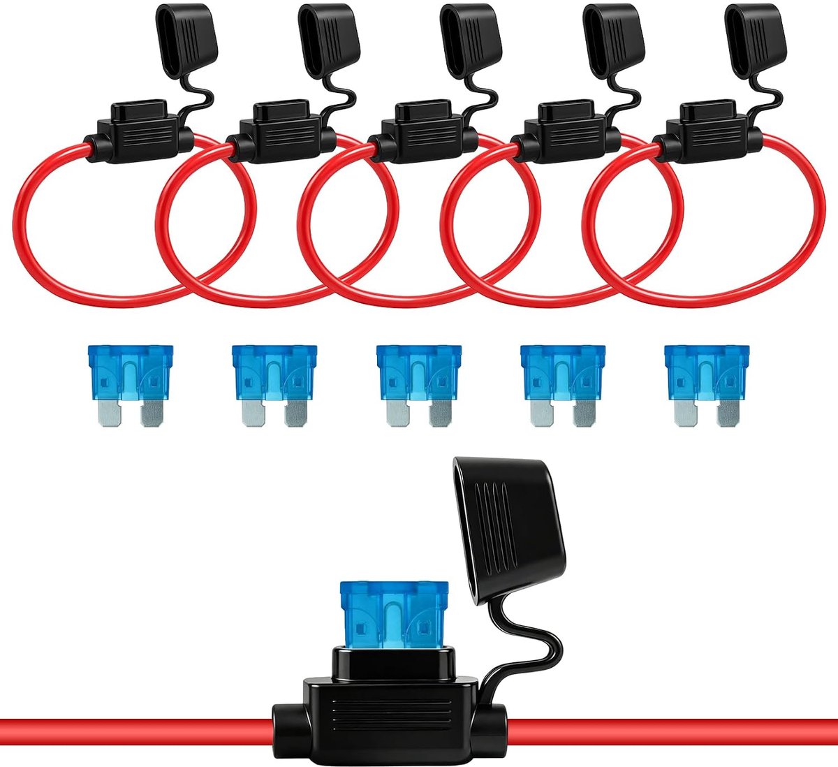 Set van 5 zekeringhouders voor auto, 16 AWG, 12 V, 15 A, steekzekeringen, assortiment, autozekering, stroomdief, zekeringdrager met waterdichte behuizing, geschikt voor voertuigen, boten