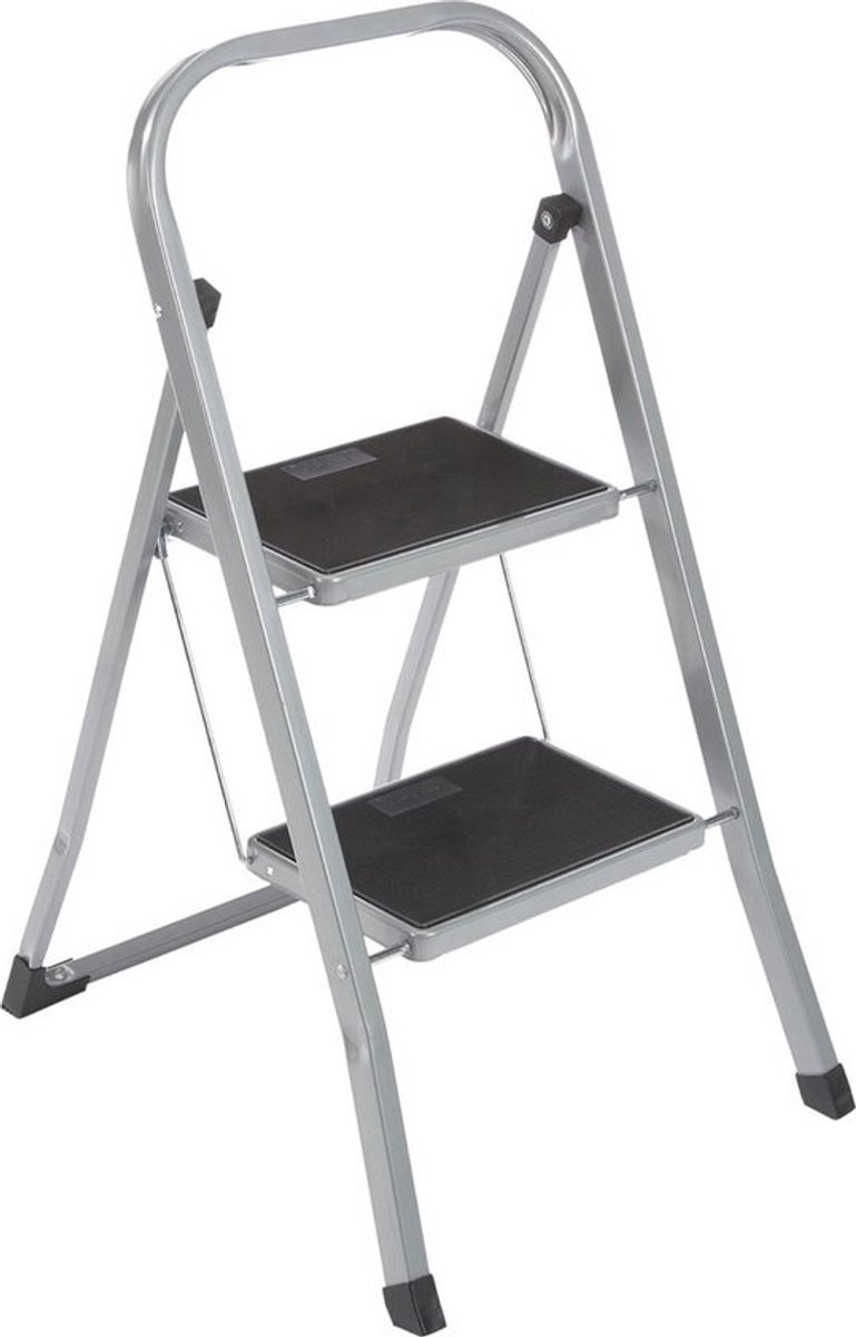 Trapladder 2 treden inklapbaar, metalen vouwtrap met beugel en rubberen treden, tot 150 kg, zilverkleurig/zwart