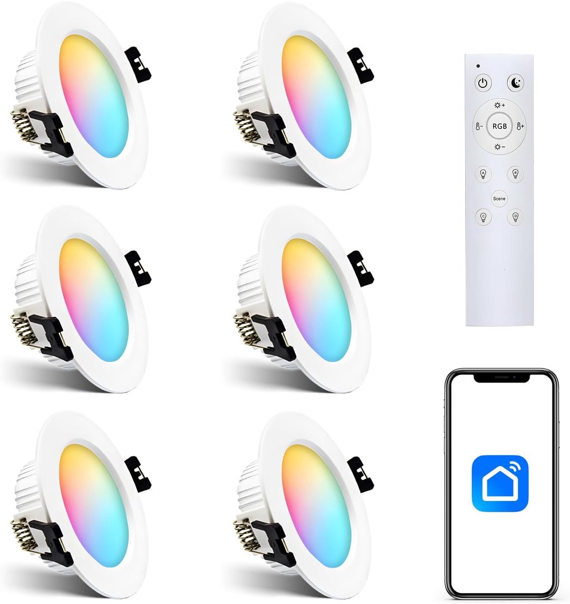 6 Bluetooth LED-inbouwspots RGBW 7W 230V Inbouwspots Dimbaar, Bluetooth Mesh Inbouwspots 2700K-6500K met Afstandsbediening Controller voor Woonkamer, Slaapkamer, Keuken, KTV, Bars