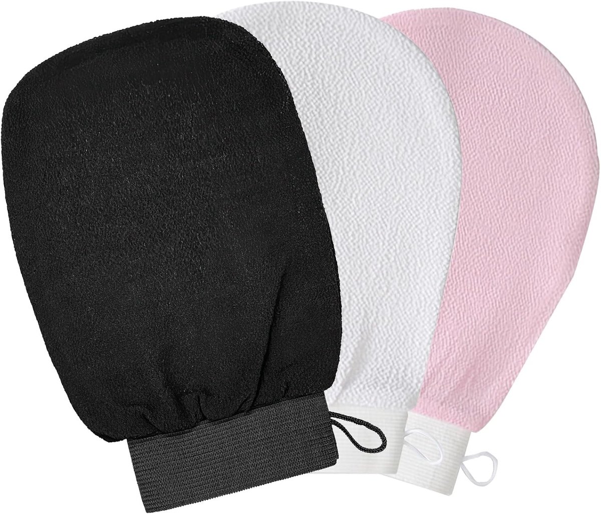 3 stuks peelinghandschoenen, exfoliërende handschoenen, washandje, lichaamsdouchehandschoen, massage peeling, handschoenen voor lichaam en gezicht - zwart, roze, wit