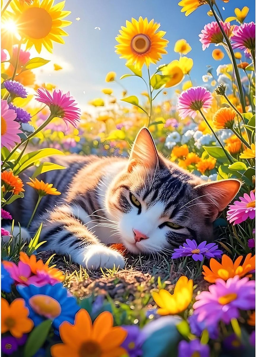 Slapende kat diamant schilderij kits voor beginners en volwassenen, 5D DIY Sunshine Diamond Art Kits, ronde volledige boor wilde bloemen edelsteen kunst ambachten, doe-het-zelf kitten