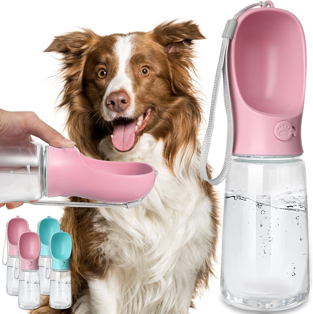 Hondenwaterfles, lekvrije draagbare puppykom, waterdispenser met drinkbak voor huisdieren, buiten wandelen, reizen, plastic van voedingskwaliteit (538 ml, roze)