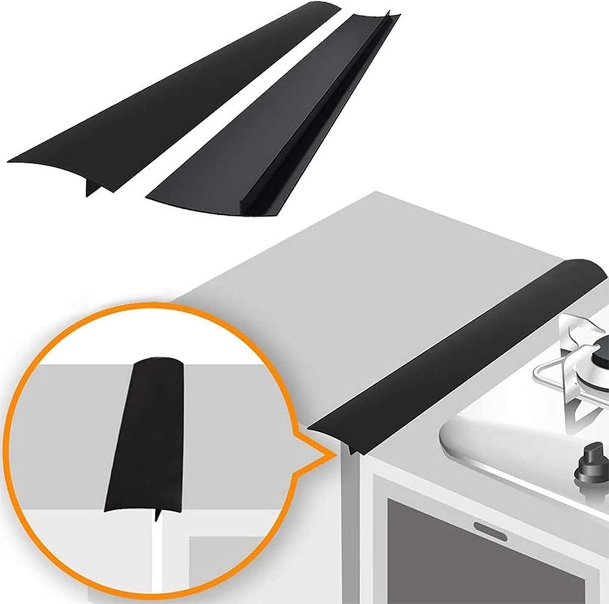 2-delige Keuken T-Split Vulstrip, Anti-Olie Silicone Kookplaat Scheidingscovers, Zwart, 53.3 cm, Ideaal voor Fornuis en Oven