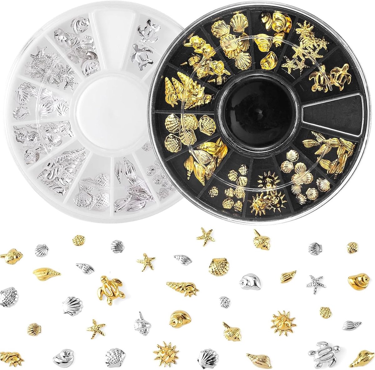 2 dozen nagelkunst bedels goud zilver, oceanieten nagelsieradenset met schelpen en zeesterren, 3D metalen nageldesign accessoires voor acrylnagels, gelnagels, manicure, decoratie