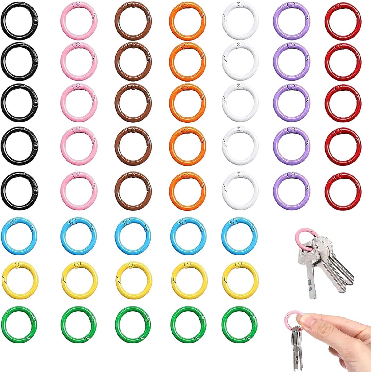 50 Mini Karabijnhaken, 10 Kleuren, 24mm Ronde Metalen Veerclips met O-Ring en Opbergdoos, Sleutelhanger Clips voor Sleutels, Tassen, DIY Knutselen