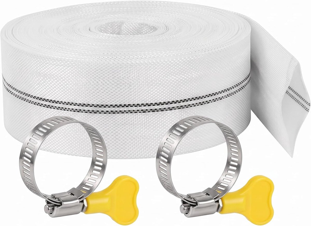 32 mm (1 1/4 inch) plat oprolbare slang (10 m) – Versterkte pompslang inclusief 2 slangklemmen; geschikt voor dompelpompen, vuilwaterpompen, tuinirrigatie, landbouw en zwembaden