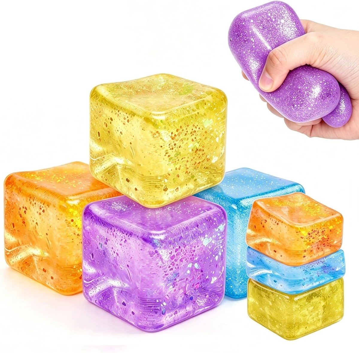 4 stuks Squishy Cube, Squishy Fidget sensorische kubus, glitterkristal, knijpspeelgoed, langzame terugkeer, duurzaam, anti-angst, cadeau tegen stress voor kinderen en volwassenen