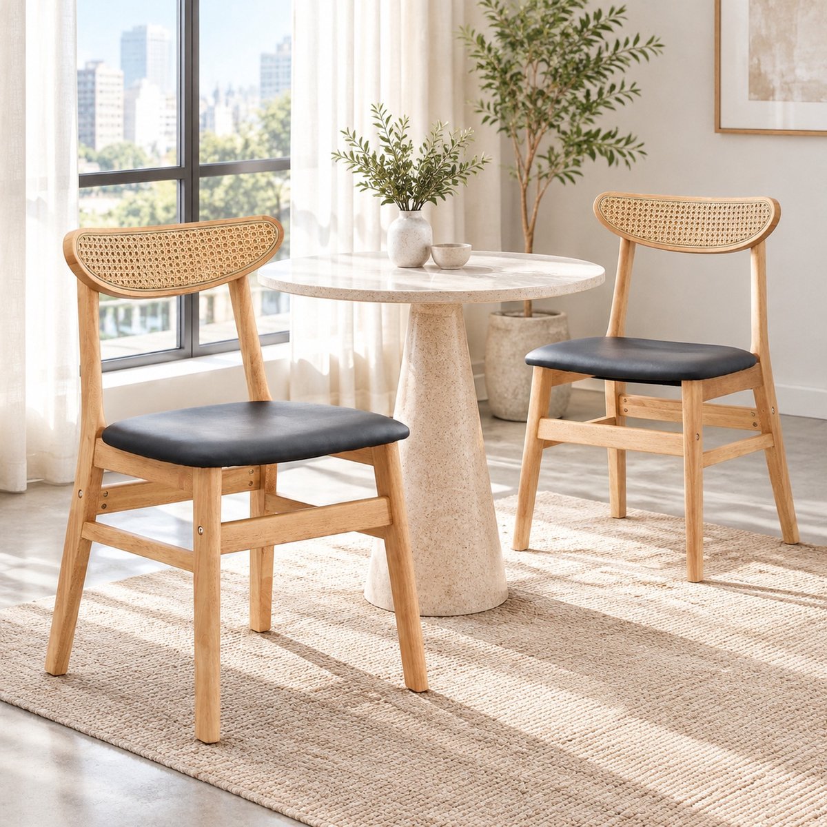 REDOM Eetkamerstoelen set van 2 - Rotan rugleuning - Gewatteerde kunstleren zitting - Schuine houten poten - Scandinavische stijl - Hout - 78,7 x 43,9 x 40,6 cm Houtkleur
