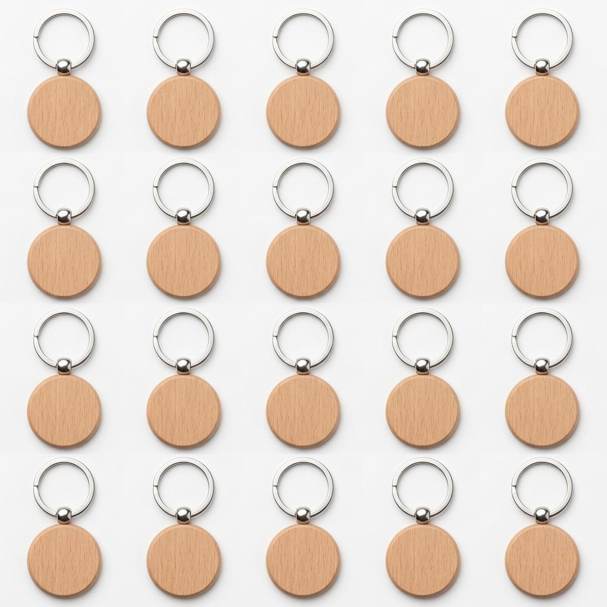 20 stuks blanco ronde beukenhouten sleutelhangers, 40 x 40 x 7 mm, onbehandeld ruw hout voor lasergravure en doe-het-zelf knutselen, met metalen sleutelring
