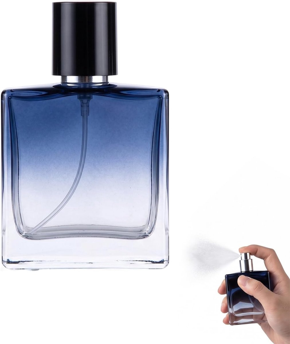 Parfumfles, 30 ml, navulbare spuitfles met fijne nevelverstuiver, lege glazen fles in blauw, kleurverloop voor geuren en kolonies