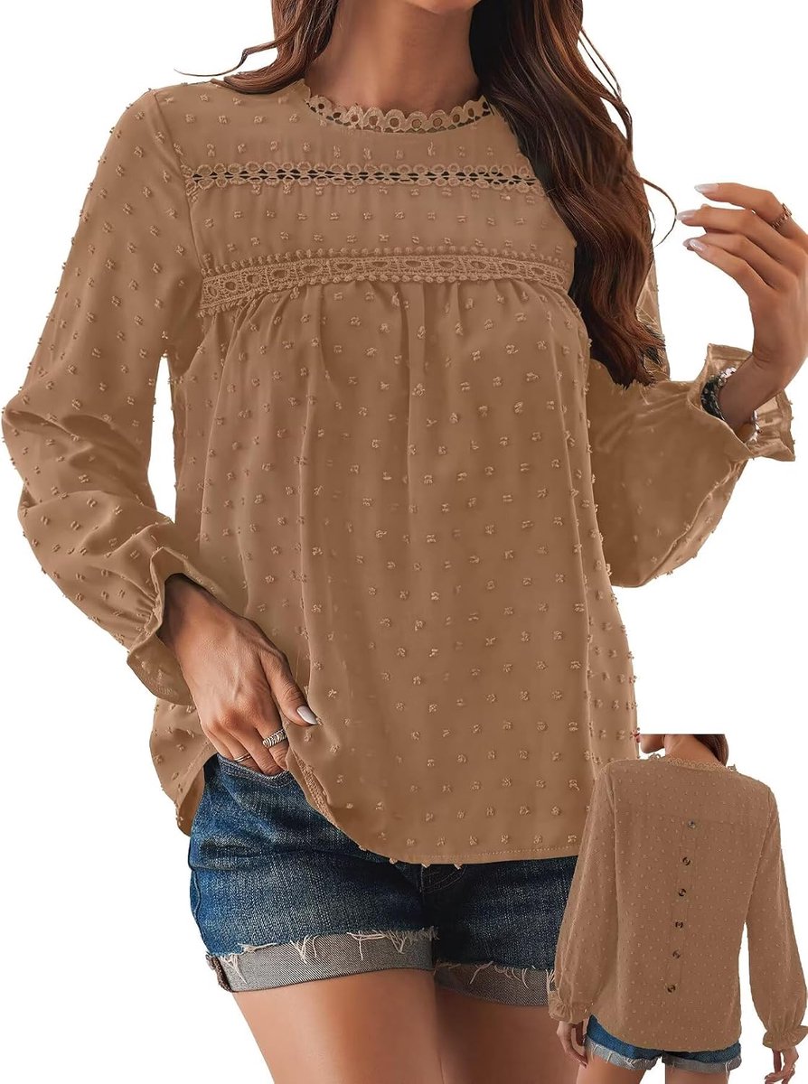 Dames Boho Blouse Langmouwen Shirt Tops Vloeiend Elegant Ronde Hals T-Shirt Herst Casual Outfits Kant Kleding