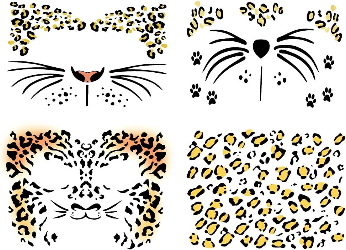 4 stuks luipaard-tatoeages, gezichtstattoo, carnaval, luipaardkostuum, damesstickers, kunst, carnaval, glitter, luipaardprint, make-upset, gezichtsstickers voor volwassenen, carnaval, feest