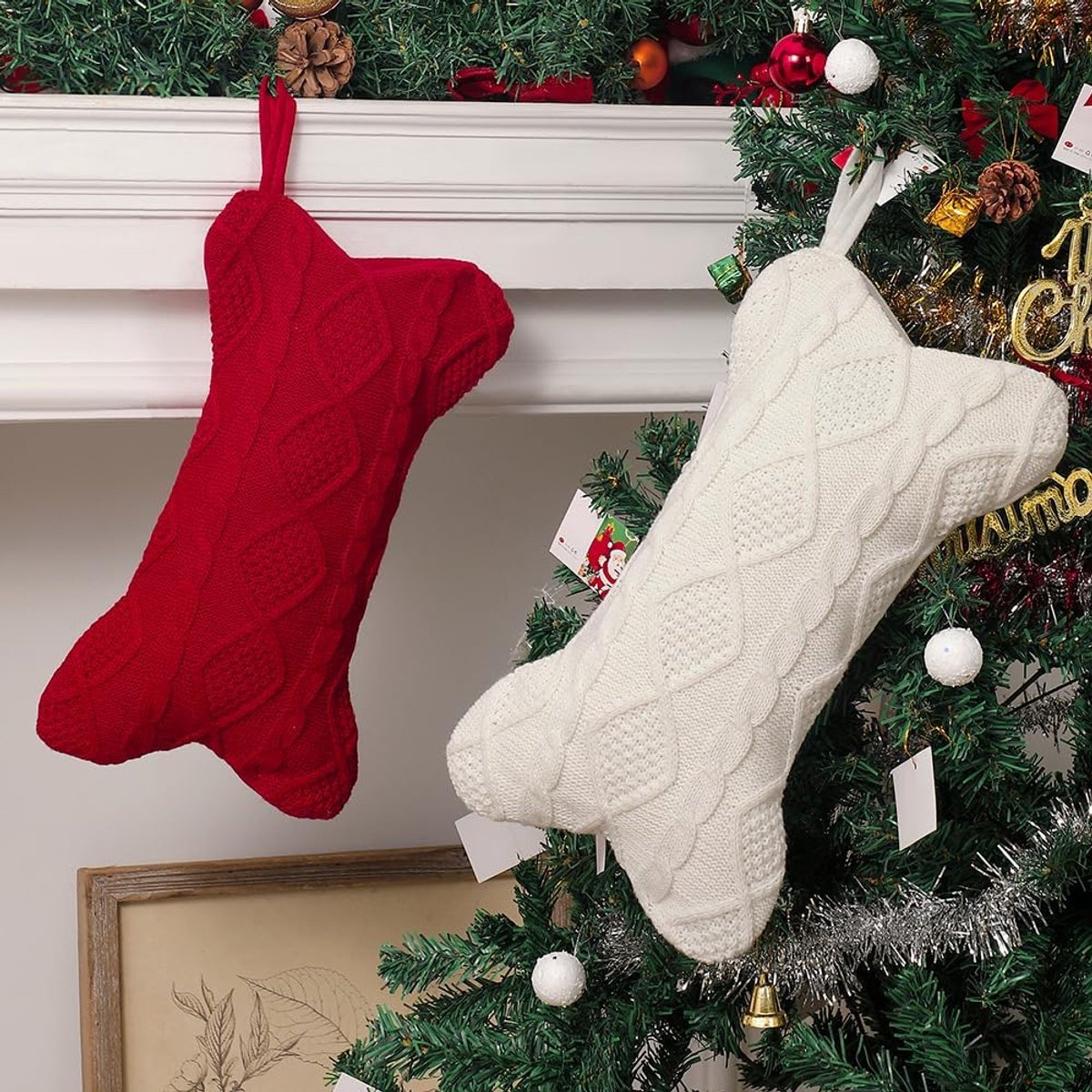 Kerstkous voor honden, 45,7 x 15,72 cm, hond kat kerstkousen, kerstkousen om op te hangen, botvorm, geschikt voor huis en open haard, kerstdecoratie, rood
