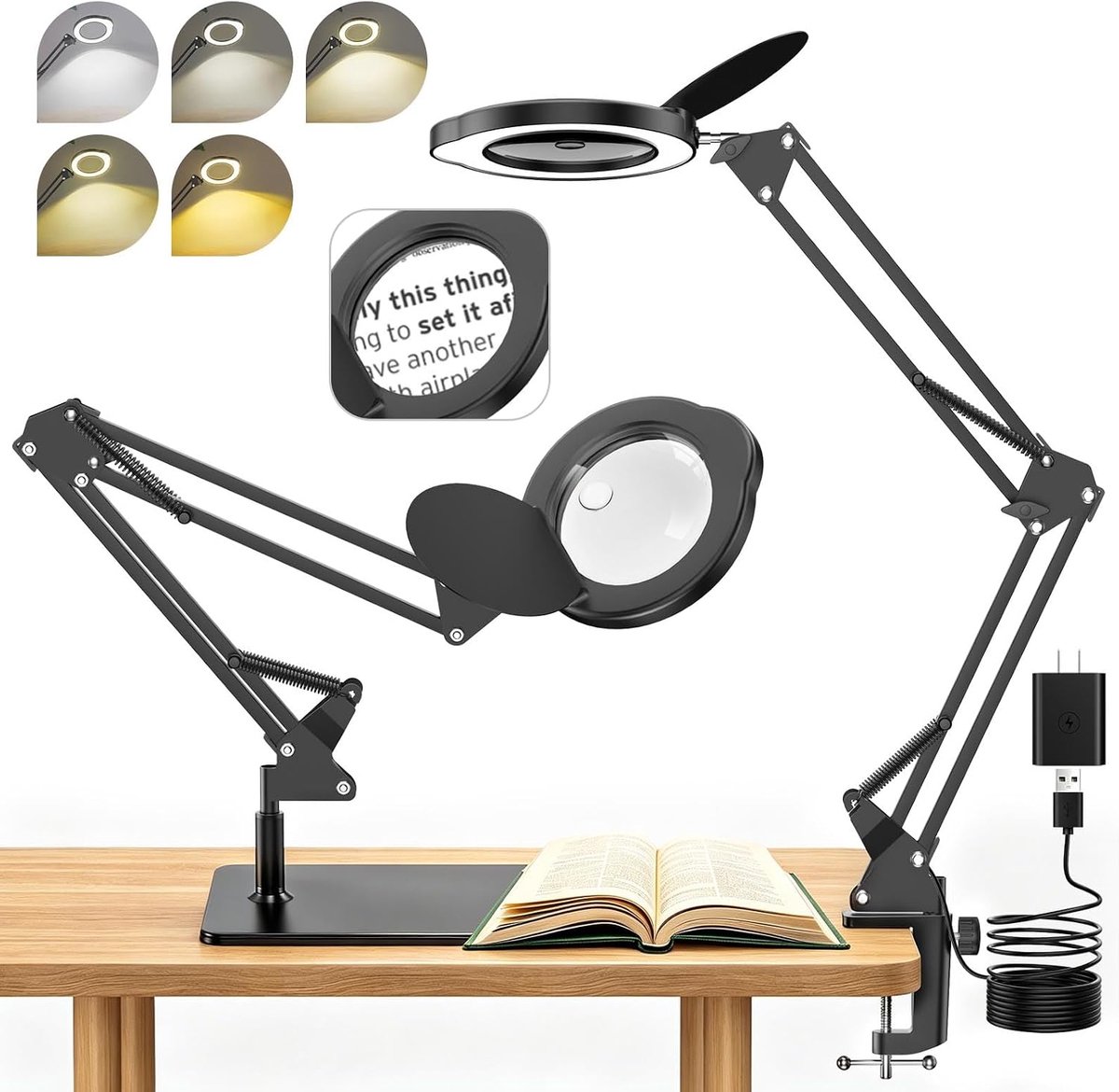 Vergrootglas met licht en standaard en klem