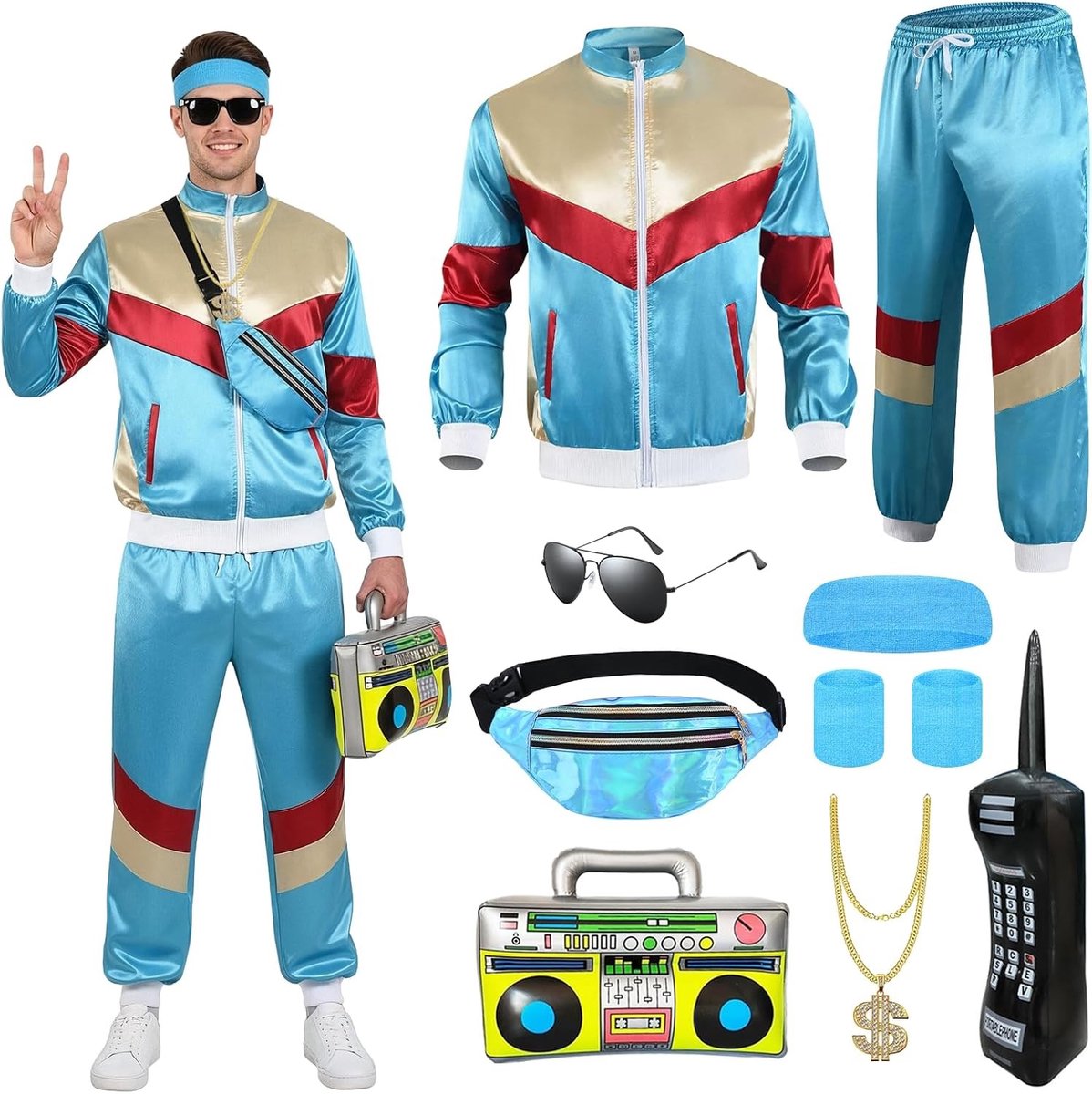 Jaren 80-90 outfit voor heren en dames met accessoires, trainingspak, buiktas, hoofdband en carnavalskostuum voor feestelijke gelegenheden