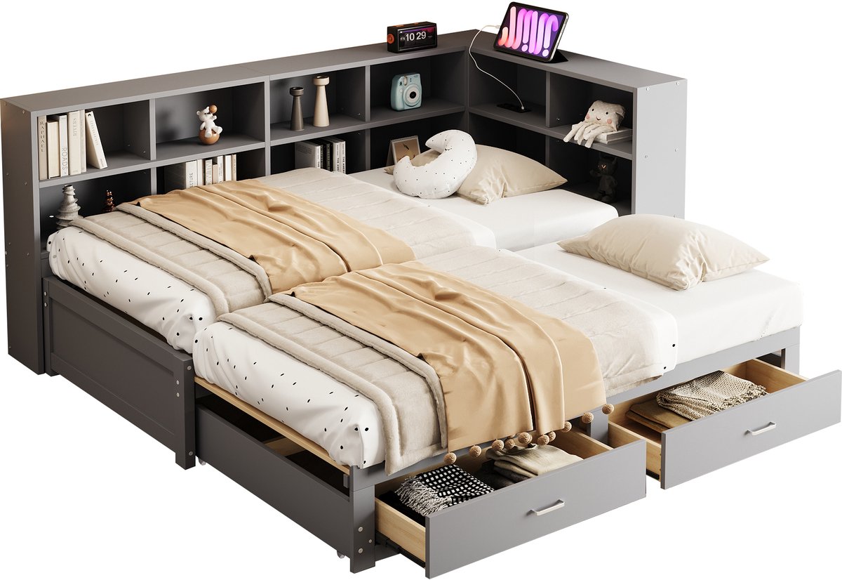 Bedbank - Uitschuifbed - Met opbergruimte - Geïntegreerd stopcontact - 120kg draagvermogen - Logeerkamer - 90x190 tot 180x190 - Grijs