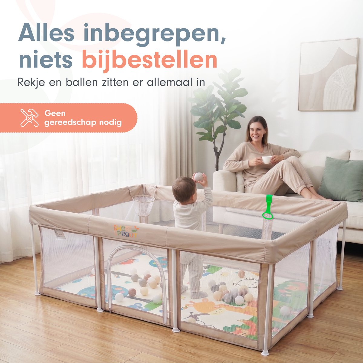 Sweet Sprout Grondbox Inklapbaar - 180x120x66cm - Voor kinderen - Inclusief speelmat foam - Babygym - Playpen - Baby box - Baby bed - Babynestje - Kruipbox - Speelbox - Speelgoed jongens & meisjes 1, 2, 3 jaar - Beige – foto 7