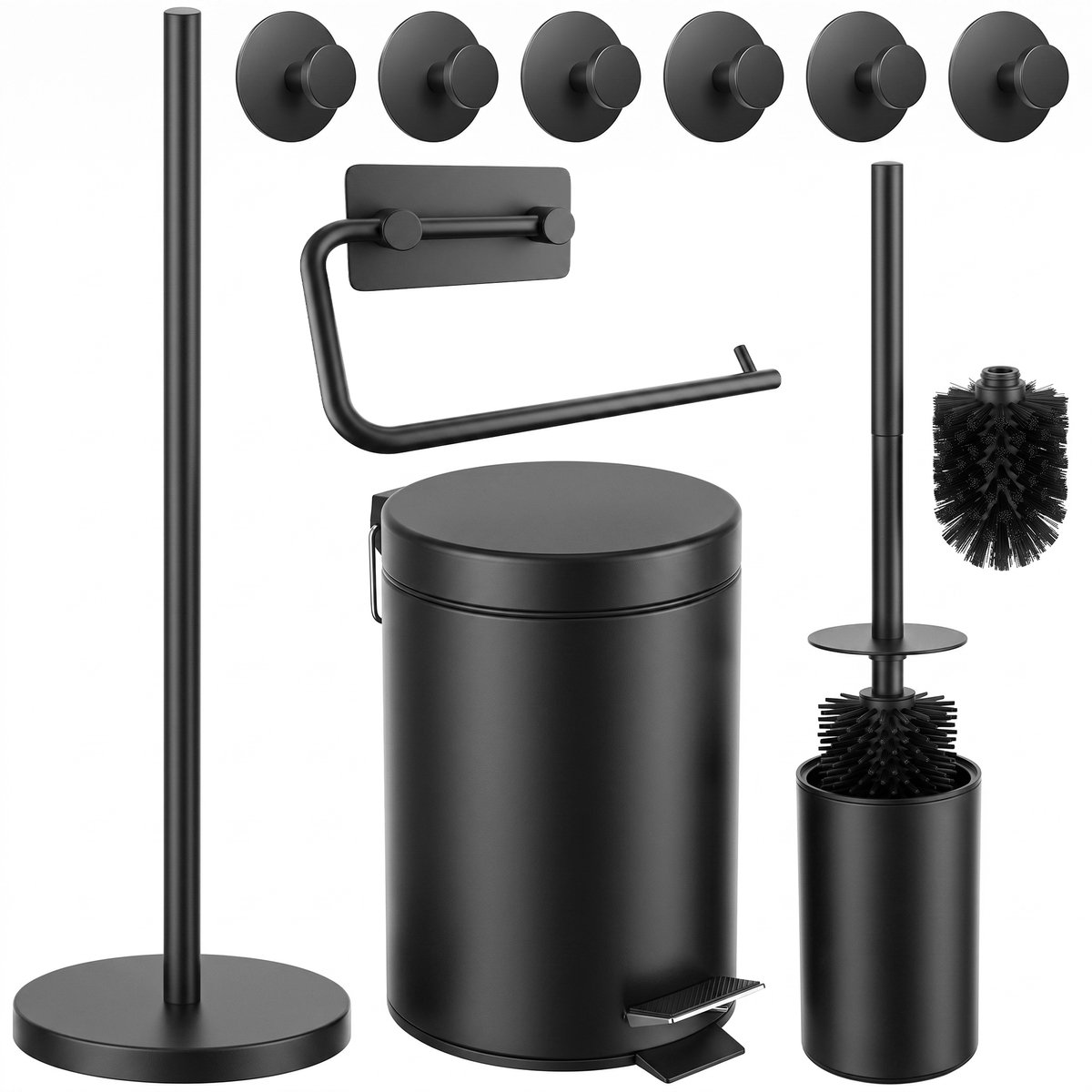 Toiletset Zwart 5-Delig - Toiletrolhouder met Verstelbare Arm & Vrijstaande Toiletrolhouder voor 5 Rollen - Toiletborstelhouder, Pedaalemmer en Handdoekhaakjes - Toiletaccessoireset