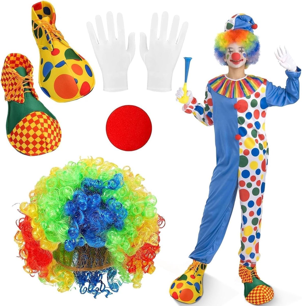 Compleet Clown Kostuum Set met 4 Accessoires, Krullend Perkament, Clown Schoenen, Witte Handschoenen voor Halloween, Carnaval en Circus Feesten