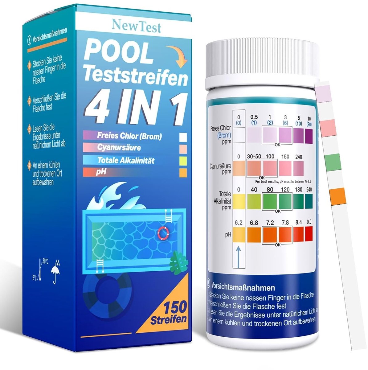 Teststrips voor Zwembad 4-in-1 - 150 stuks - Voor pH, Vrij Chloor, Totale Alkaliniteit, Broom en Cyanuurzuur - Voor Zwembaden en Hot Tubs