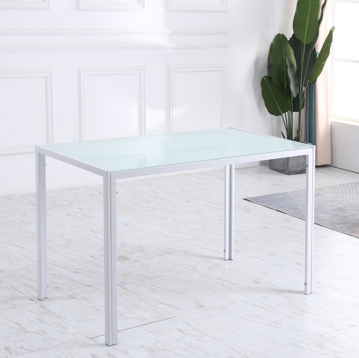 MIVRAY Eettafel - Rechthoekig Met Gehard Glazen Blad En Metalen Frame - Voor Dineren Met Vier Personen - Wit - 120 X 60 X 75 Cm