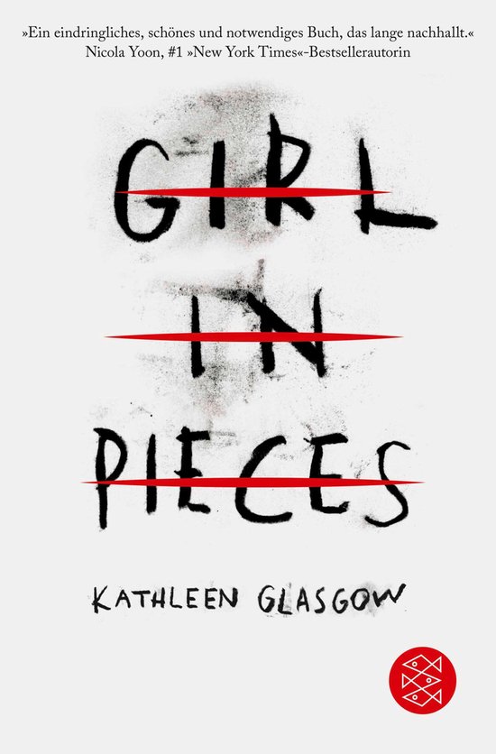 Boekomslag met de titel "GIRL IN PIECES" in zwarte, handgeschreven letters, doorsneden door rode lijnen. De naam KATHLEEN GLASGOW staat onderaan.