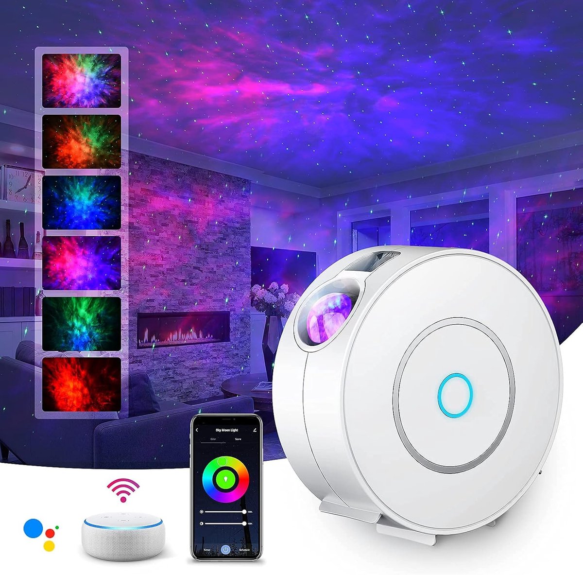 Smart sterrenhemelprojector, 3D-projector voor sterrenhemel, led, voor kinderen en volwassenen, met RGB, dimmen/spraakbesturing (Alexa)/wifi-verbinding, voor gebruikt thuis of bij feestjes, wit