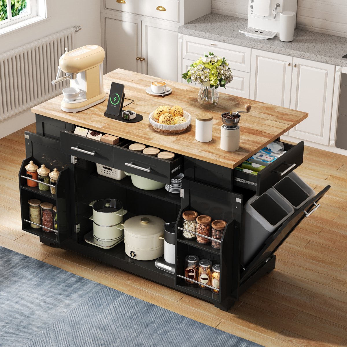 Clruro Keukeneiland - 138x86x92 cm - Klapblad - EU-Stopcontact en Afvalvak - Hout - Zwart/Houtlook