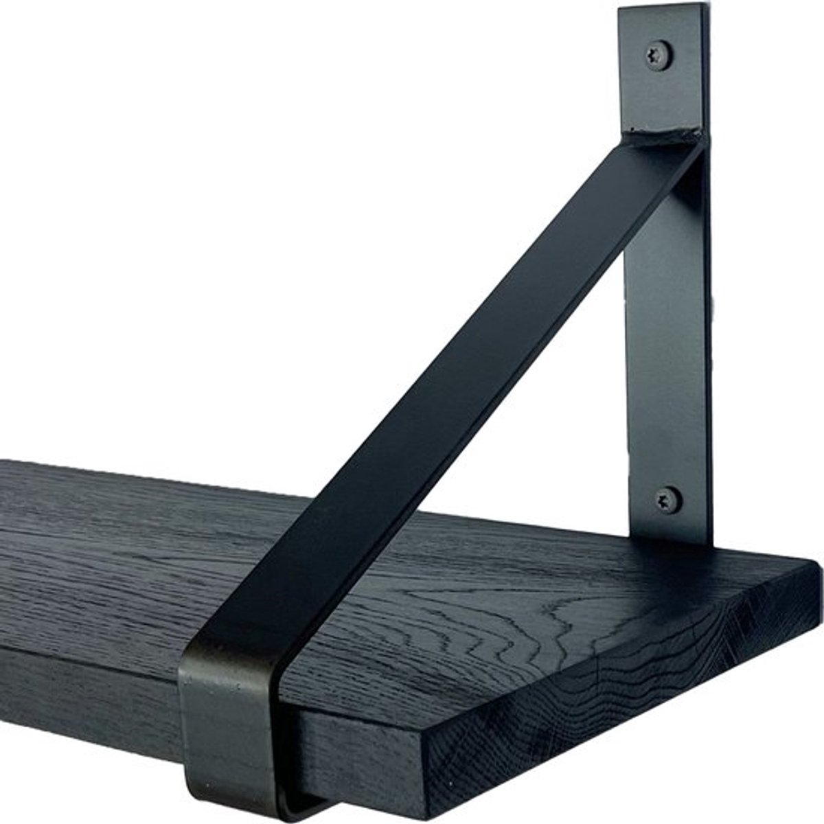 GoudmetHout Zwarte Eiken Wandplank - 240x25 cm - 2 Industriële XL Plankdragers Mat Blank Zwart eiken