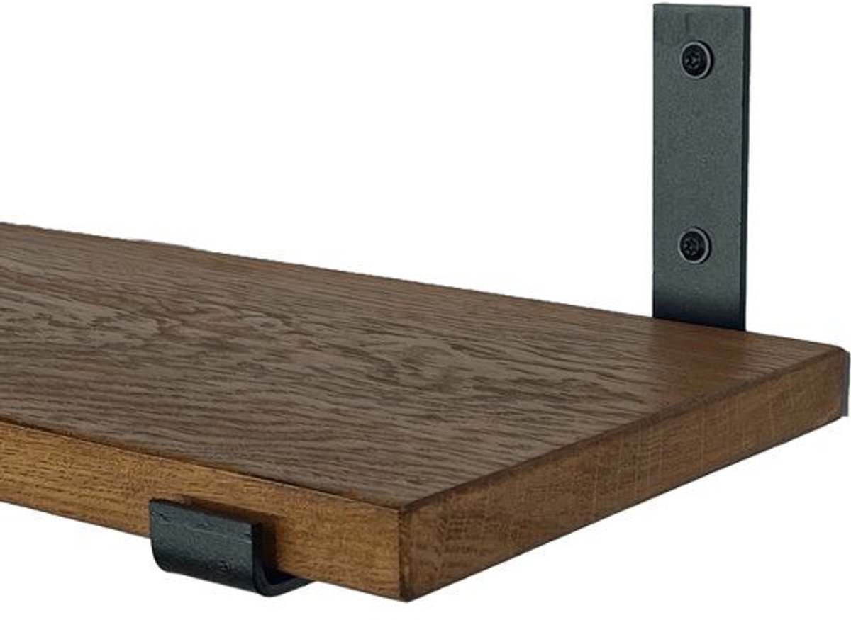 GoudmetHout Donkere Eiken Wandplank - 260x25 cm - Plankdragers L-UP Mat Zwart Donker eiken