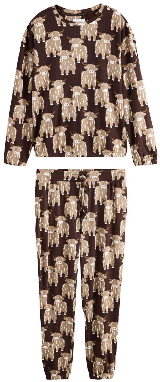 Next Dames - Behaaglijke pyjama met lange mouwen - Bruin Chocolate Brown Hamish The Highland Cow