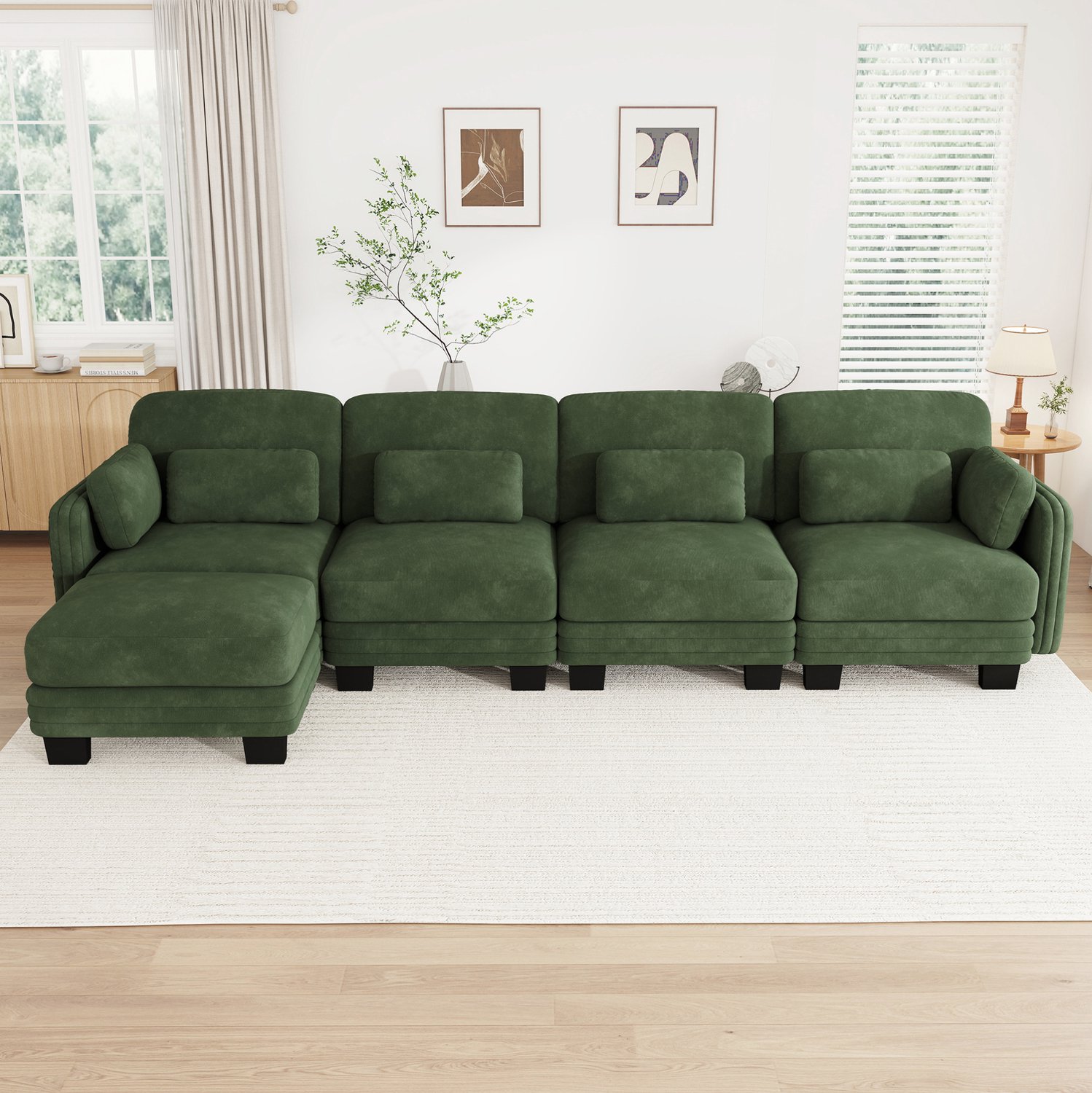OKWISH Hoekbank 330 x 143 x 88 cm - Vier Zitplaatsen en Modulaire Delen - Met Hocker en Verplaatsbare Kussens - voor Woonkamer - Chenille - Groen