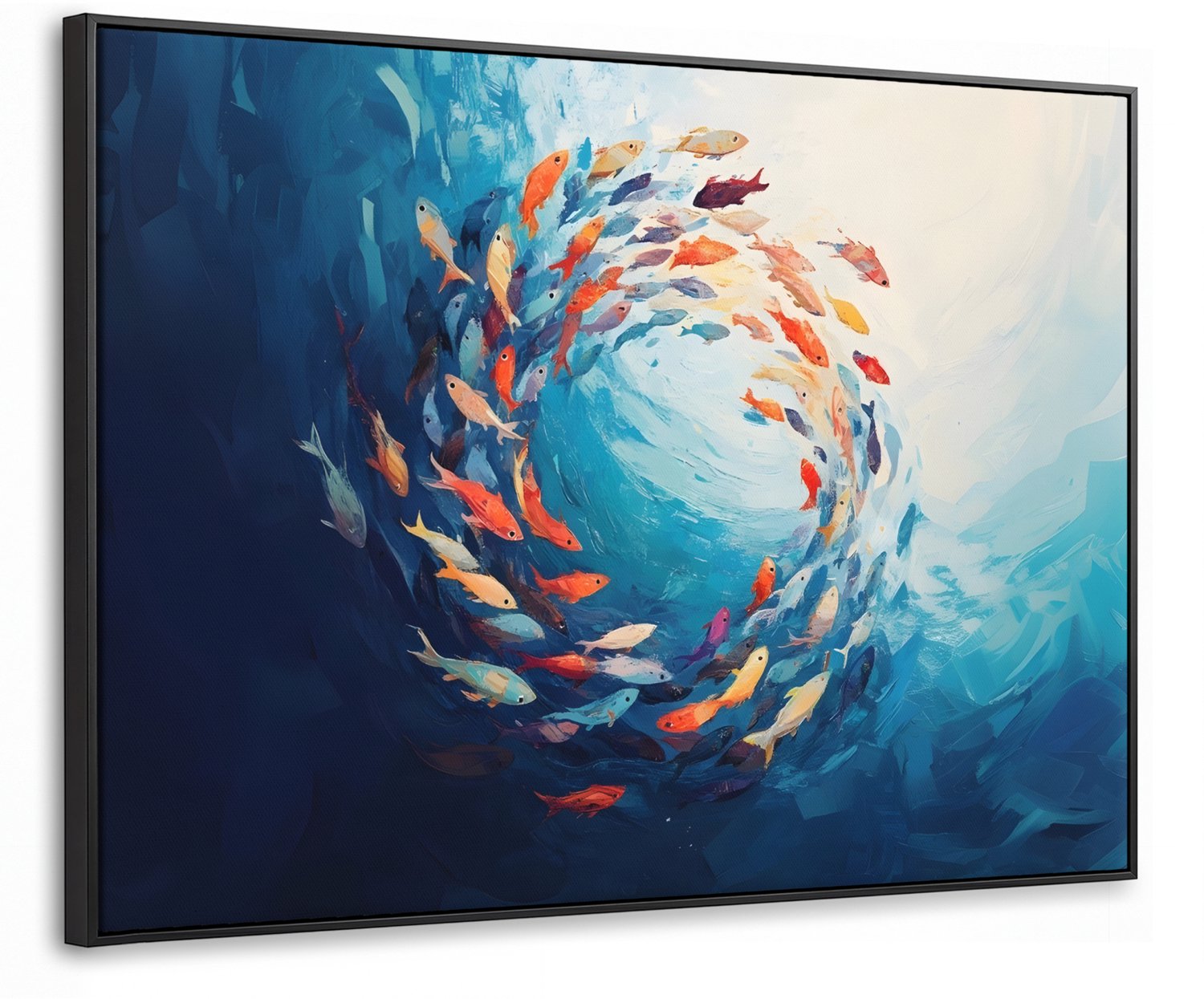 Canvas Schilderij met Baklijst 80x60cm - Zee - Vissen - Kleurrijk - Dynamisch - Muurdecoratie woonkamer - Slaapkamer decoratie - Kamer accessoires - Schilderijen op canvas met lijst