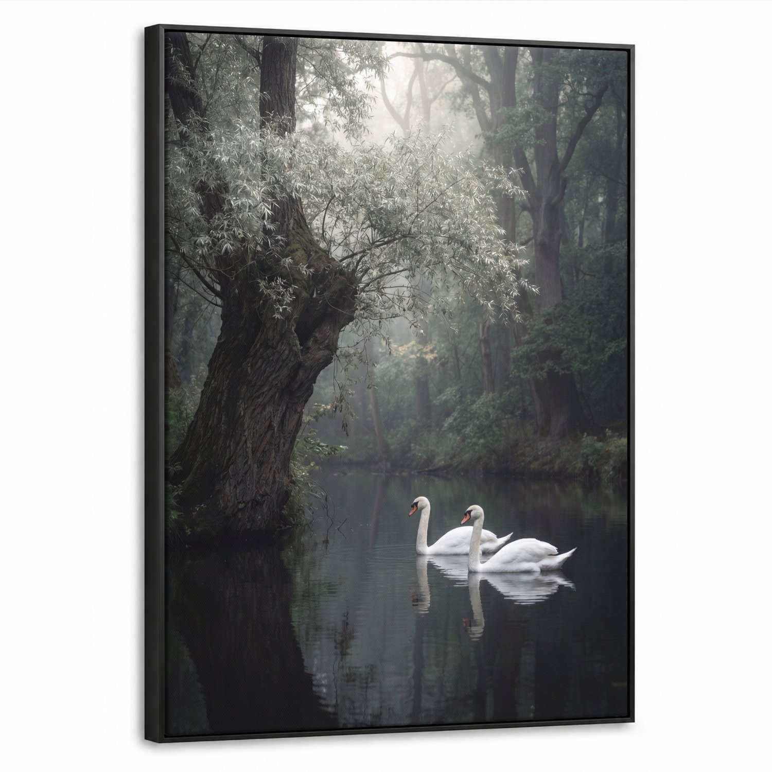 Canvas Schilderij met Baklijst 50x70cm - Zwanen - Rivier - Bos - Muurdecoratie woonkamer - Slaapkamer decoratie - Kamer accessoires - Schilderijen op canvas met lijst