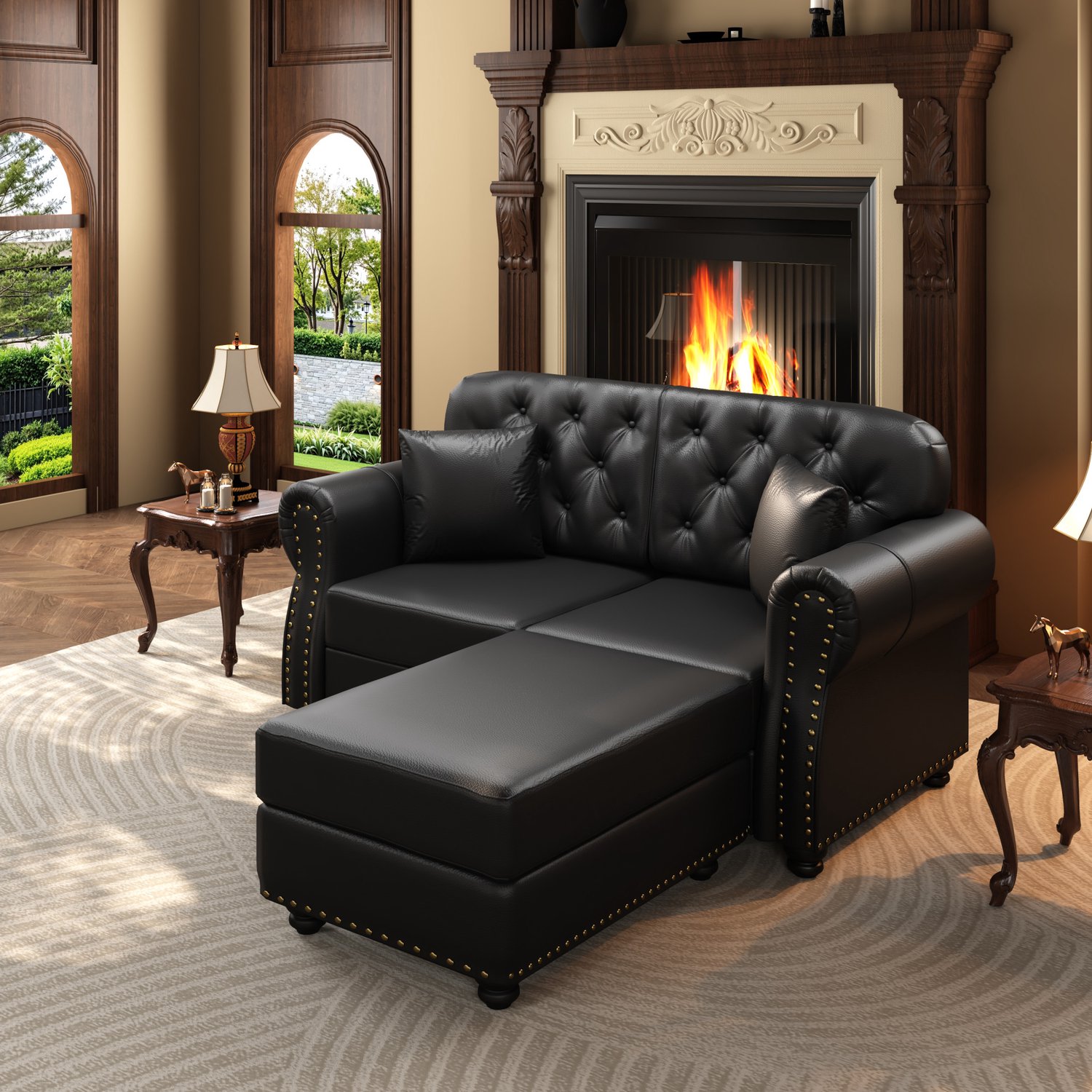 DESMIU Chesterfield Bank 160 cm - 2-Zitsbank met Losse Hocker en Geknoopte Rugleuning - Voor Woonkamer en Ontvangstruimte - Kunstleer - Zwart