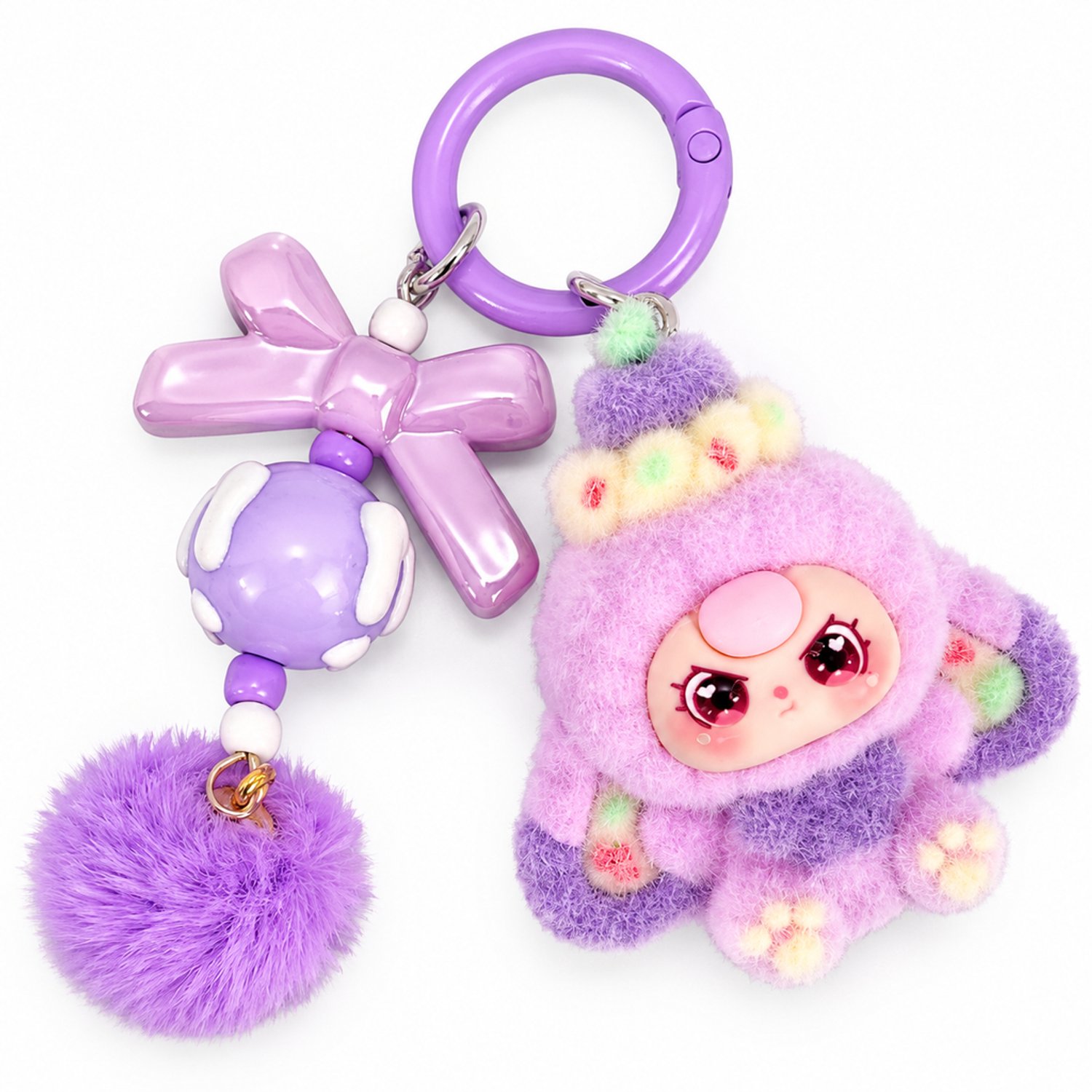 Sleutelhanger met paars cartoonpoppetje, flockafwerking, ronde ring, strik, sierkraal en pompon - ook als tashanger