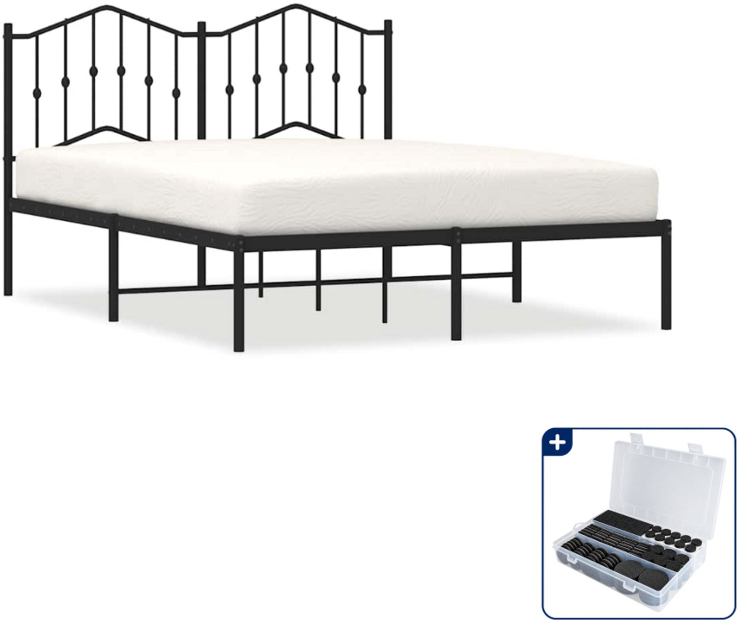 vidaXL bedframe met hoofdbord - 140 x 190 cm - staal - zwart - Inclusief antikrasvilt 177-delig