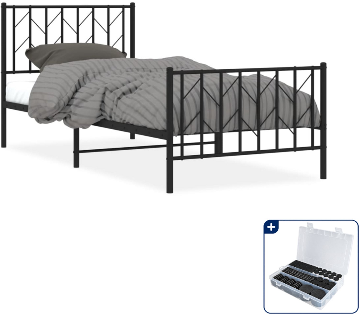 vidaXL bedframe - 90 x 190 cm - metaal - zwart - Inclusief antikrasvilt 177-delig