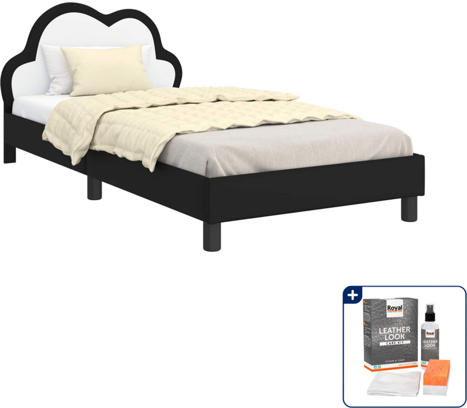 vidaXL kinderbedframe - 90 x 200 cm - bewerkt hout - zwart - Inclusief onderhoudsset voor kunstleer 150 ml