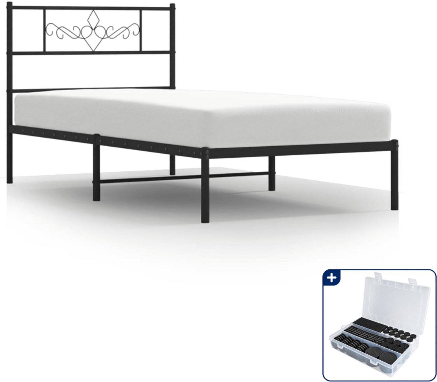 vidaXL bedframe met hoofdbord - 90 x 200 cm - staal - zwart - Inclusief antikrasvilt 177-delig