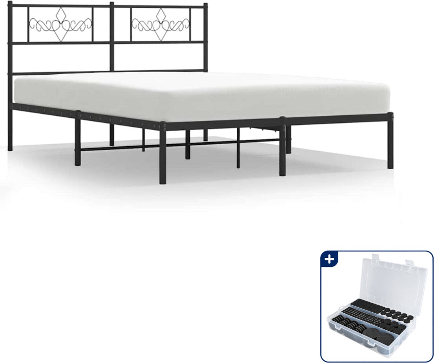 vidaXL bedframe met hoofdbord - 135 x 190 cm - staal - zwart - Inclusief antikrasvilt 177-delig