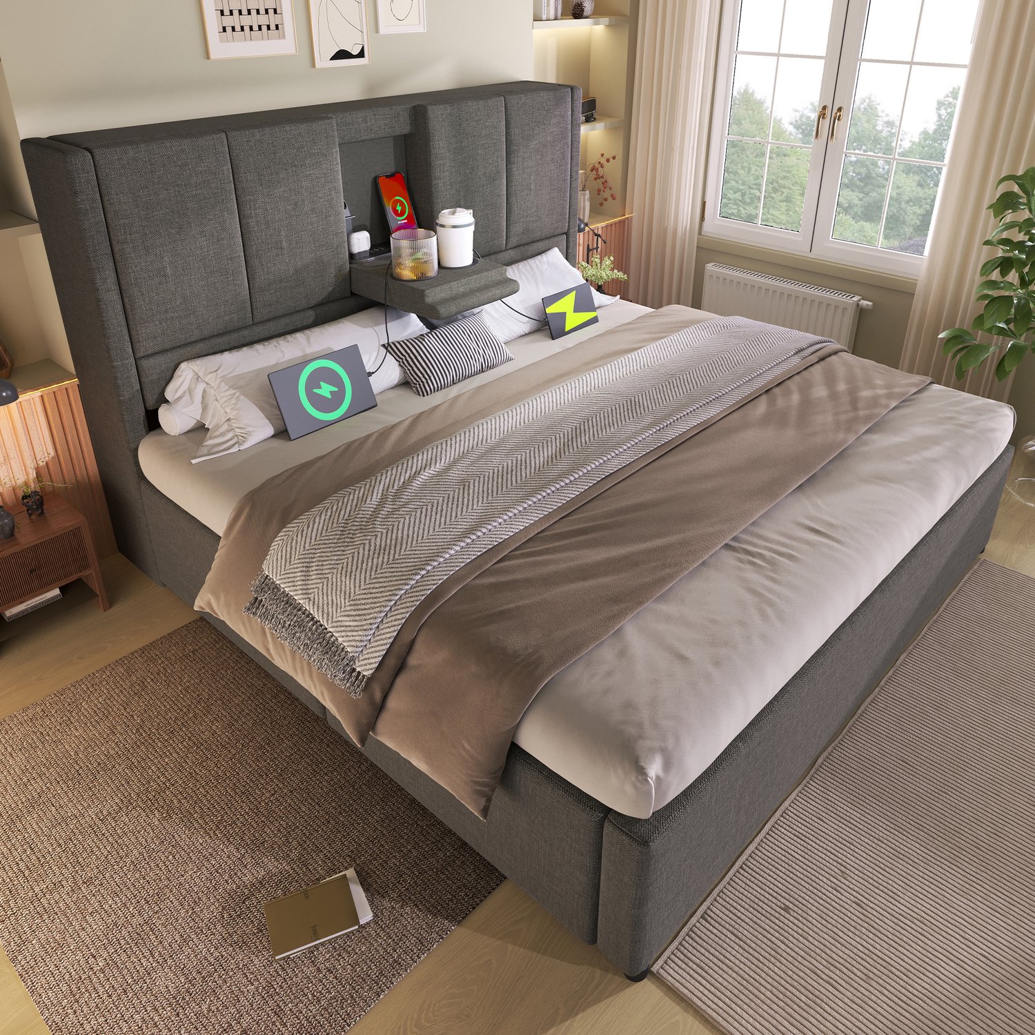 Maisentiel Gestoffeerd tweepersoonsbed 140 x 200 cm - Grijs - Met opbergruimte en laadstation
