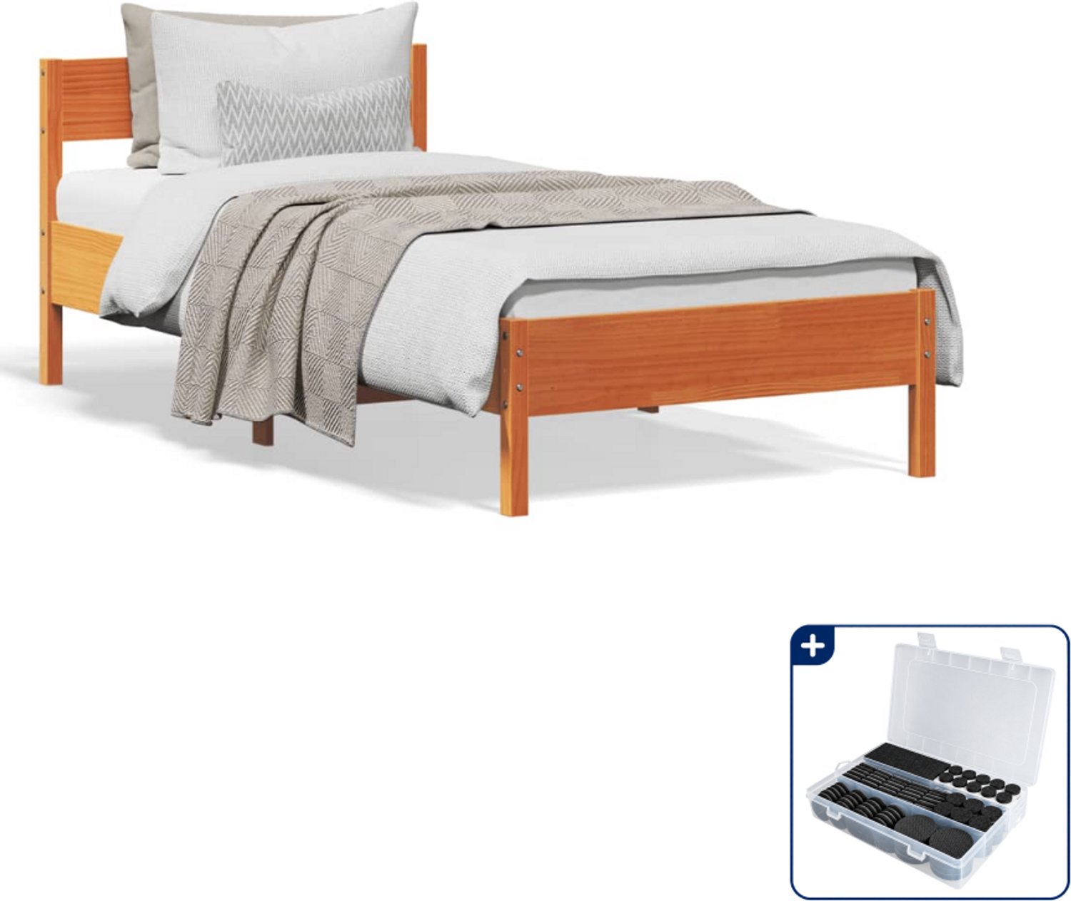 vidaXL Bedframe - 100 x 200 cm - massief grenenhout - wasbruin - Inclusief antikrasvilt 177-delig