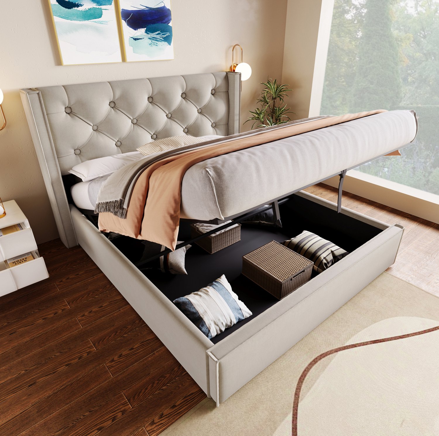 Maisentiel Gestoffeerd bed 140 x 200 cm met opbergruimte en lattenbodem - lichtgrijs