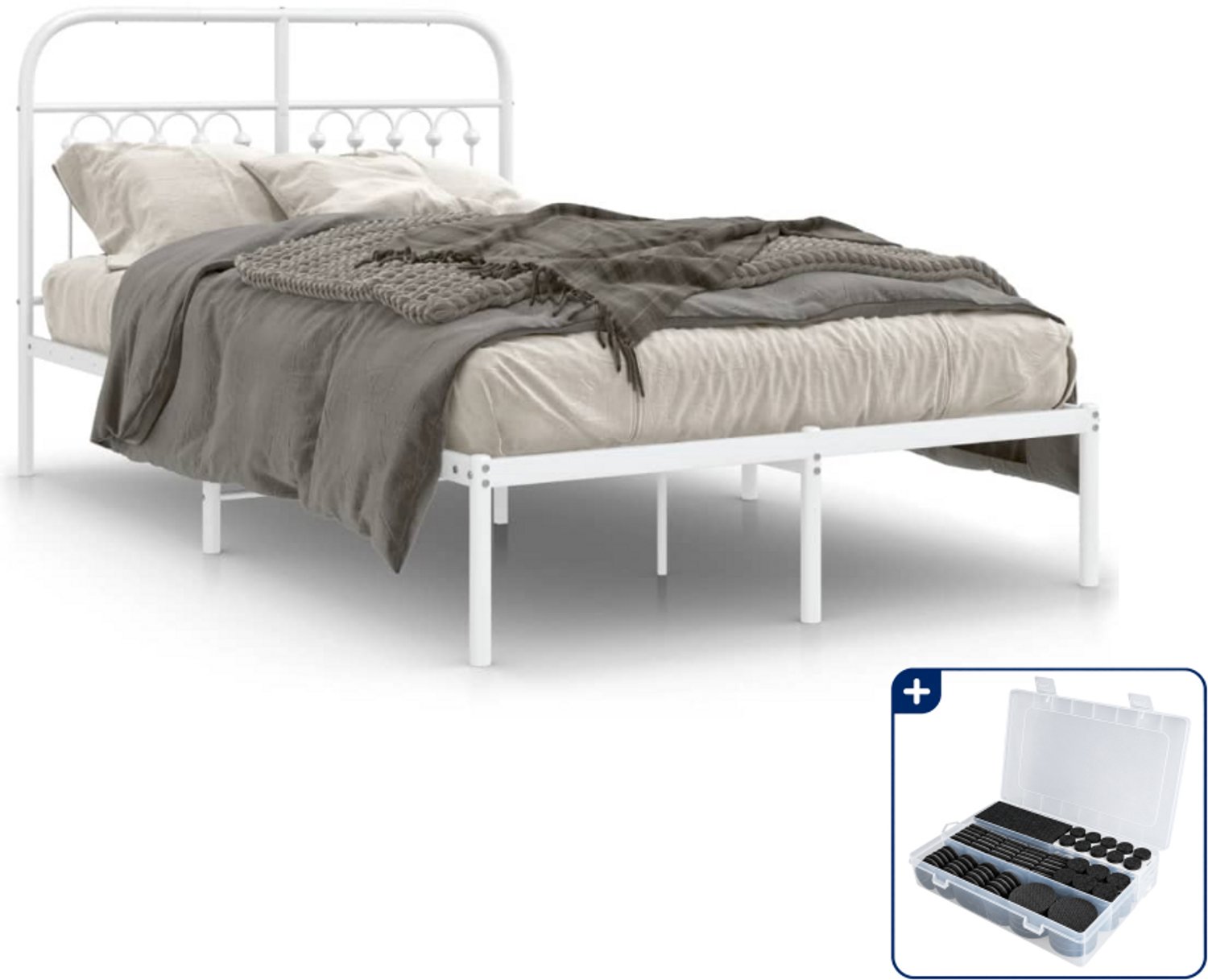 vidaXL bedframe met hoofdbord - 120 x 200 cm - staal - wit - Inclusief antikrasvilt 177-delig