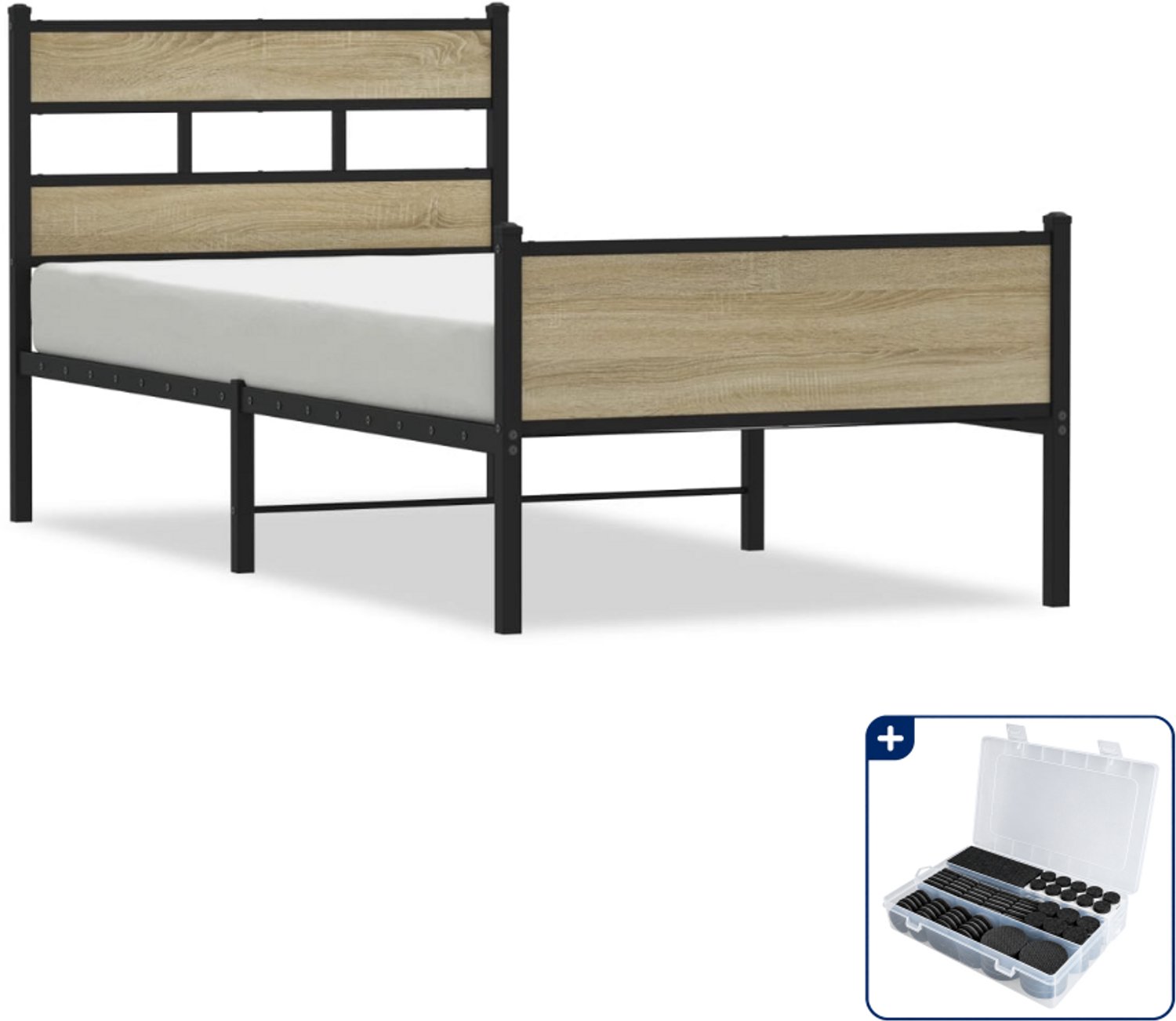 vidaXL Bedframe - 90 x 190 cm - staal en bewerkt hout - sonoma eiken - Inclusief antikrasvilt 177-delig Bruin